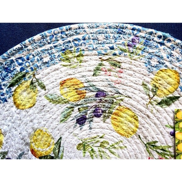 4 pc LEMONS Braided Placemat Set 15” Rnd Blue Edge Yellow Plum Flowers Easy Care - Picture 3 of 6